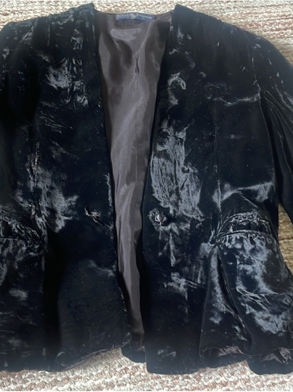 Black Velvet Open Front Jacket with Subtle Sheen. Polo. Ralph Lauren.